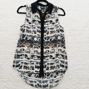 Blouse Size XS Black Beige Geo Top Boho Minimalist Neutral Office Siren Vacation